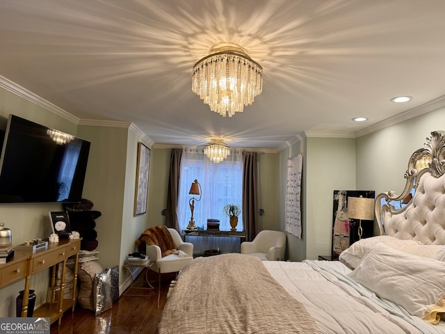 124 N Valhalla Ln, Cordele, GA 31015 - bedroom with a chandelier, dark wood-style floors, ornamental molding, recessed lighting, and baseboards