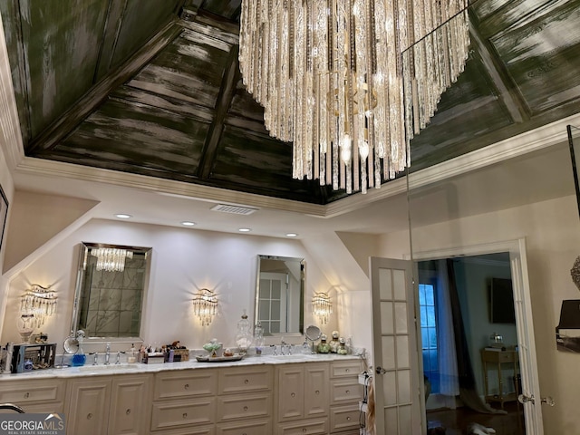 124 N Valhalla Ln, Cordele, GA 31015 - full bath featuring double vanity, ornamental molding, recessed lighting, and beam ceiling