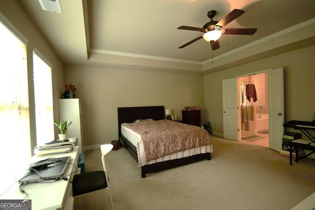560 Tuscany Walk Ln, Lawrenceville, GA 30043 - bedroom featuring light carpet, ornamental molding, ensuite bath, a raised ceiling, and a ceiling fan