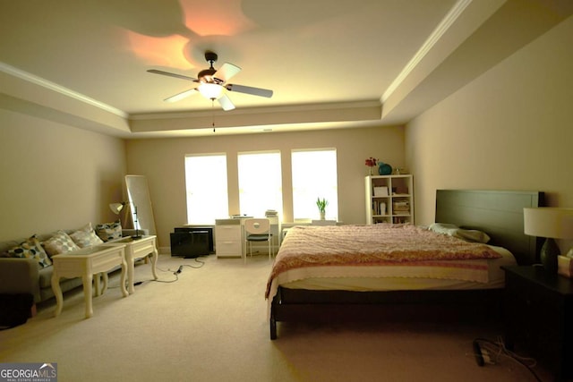 560 Tuscany Walk Ln, Lawrenceville, GA 30043 - bedroom featuring a raised ceiling, crown molding, light colored carpet, and a ceiling fan