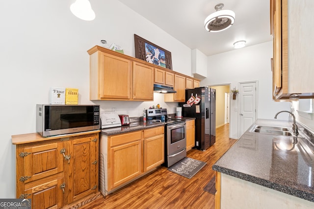 5102 Yellow Stone Dr, Flowery Branch, GA 30542 - kitchen with appliances with stainless steel finishes, a sink, wood finished floors, under cabinet range hood, and dark countertops