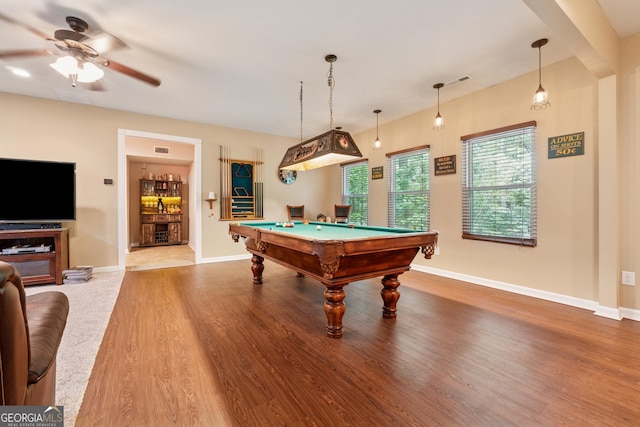 5102 Yellow Stone Dr, Flowery Branch, GA 30542 - playroom featuring a ceiling fan, wood finished floors, billiards, and baseboards