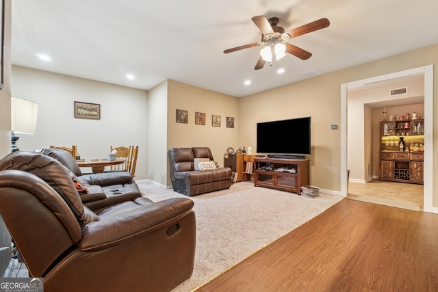 5102 Yellow Stone Dr, Flowery Branch, GA 30542 - living room with wood finished floors, a ceiling fan, and recessed lighting