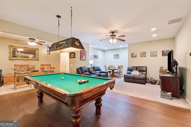 5102 Yellow Stone Dr, Flowery Branch, GA 30542 - recreation room with a ceiling fan, wood finished floors, pool table, and recessed lighting