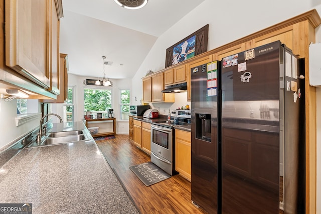 5102 Yellow Stone Dr, Flowery Branch, GA 30542 - kitchen with electric range, fridge with ice dispenser, a sink, under cabinet range hood, and dark wood-style floors