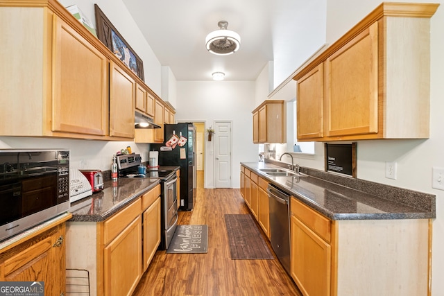 5102 Yellow Stone Dr, Flowery Branch, GA 30542 - kitchen featuring stainless steel appliances, a sink, under cabinet range hood, wood finished floors, and dark stone counters