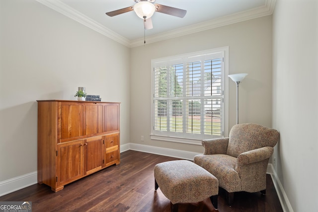 4530 Westgate Dr, Cumming, GA 30040 - sitting room featuring dark wood-type flooring, ornamental molding, and a ceiling fan