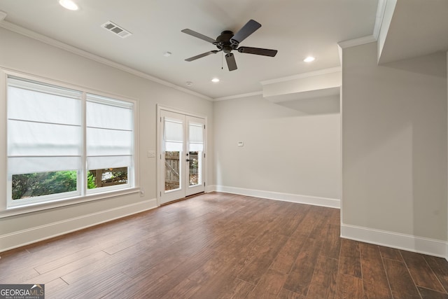 4530 Westgate Dr, Cumming, GA 30040 - spare room with ornamental molding, dark wood-type flooring, recessed lighting, and a ceiling fan