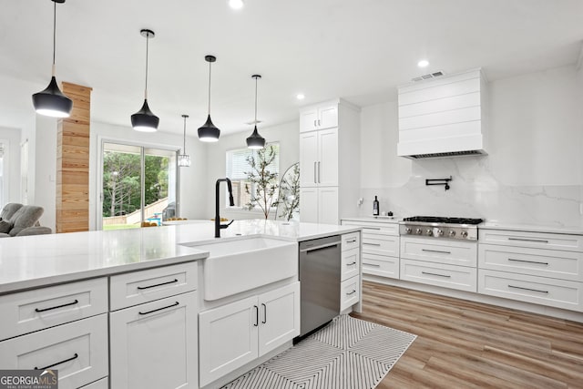 194 Branch Valley Way, Dallas, GA 30132 - kitchen featuring stainless steel appliances, premium range hood, light wood finished floors, white cabinets, and recessed lighting