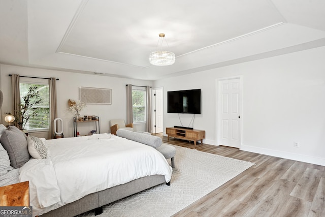194 Branch Valley Way, Dallas, GA 30132 - bedroom with a raised ceiling, multiple windows, wood finished floors, and a chandelier