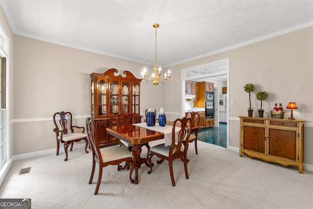 607 Lees Mill Rd, Fayetteville, GA 30214 - dining room featuring a chandelier, light carpet, crown molding, and baseboards