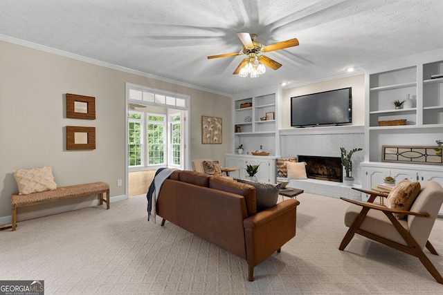 607 Lees Mill Rd, Fayetteville, GA 30214 - living room with baseboards, crown molding, a brick fireplace, a ceiling fan, and built in features