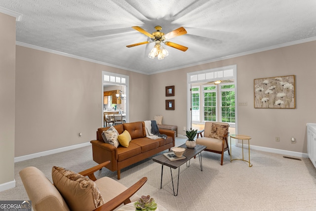 607 Lees Mill Rd, Fayetteville, GA 30214 - living area with light carpet, baseboards, a ceiling fan, crown molding, and a textured ceiling