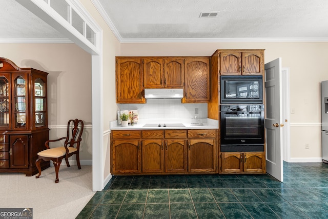 607 Lees Mill Rd, Fayetteville, GA 30214 - kitchen with black appliances, under cabinet range hood, brown cabinetry, light countertops, and ornamental molding