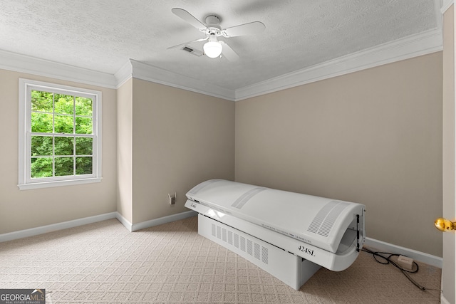 607 Lees Mill Rd, Fayetteville, GA 30214 - bedroom with ornamental molding, light carpet, a ceiling fan, baseboards, and a textured ceiling