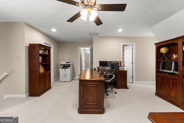 607 Lees Mill Rd, Fayetteville, GA 30214 - office space with light colored carpet, ceiling fan, baseboards, recessed lighting, and a textured ceiling