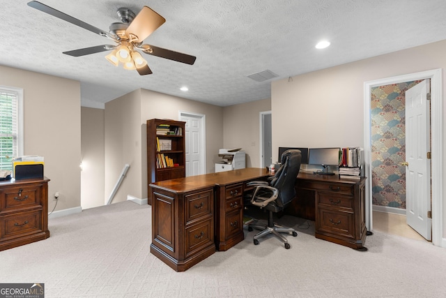 607 Lees Mill Rd, Fayetteville, GA 30214 - office featuring baseboards, light colored carpet, ceiling fan, recessed lighting, and a textured ceiling
