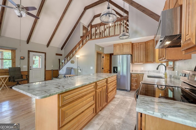 224 Shake Rag Rd, Hiawassee, GA 30546 - kitchen with stainless steel appliances, ventilation hood, high vaulted ceiling, a sink, and ceiling fan
