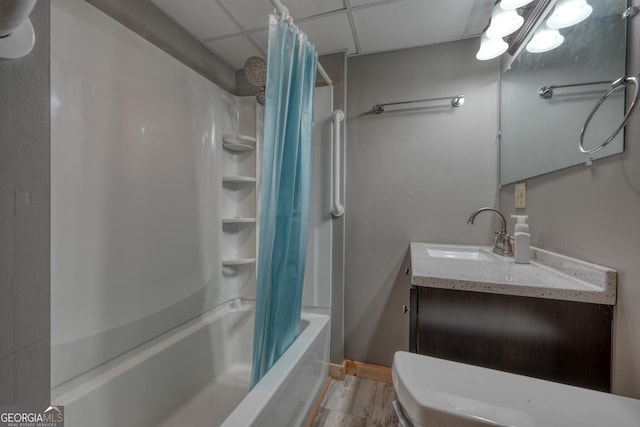 224 Shake Rag Rd, Hiawassee, GA 30546 - bathroom with shower / tub combo with curtain, wood finished floors, a paneled ceiling, and vanity
