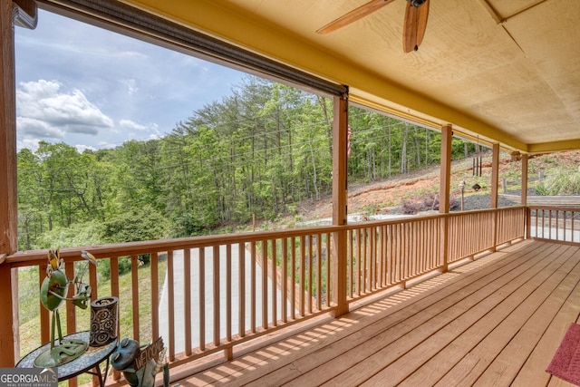 224 Shake Rag Rd, Hiawassee, GA 30546 - deck featuring ceiling fan and a forest view