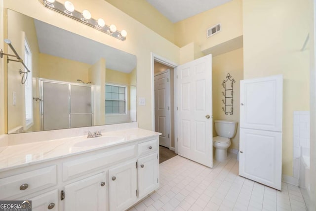 467 Ravinia Way, Lawrenceville, GA 30044 - full bathroom with toilet, vanity, a shower stall, tile patterned flooring, and baseboards
