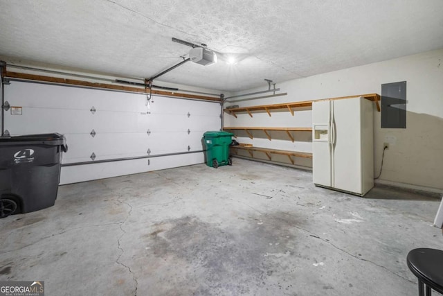467 Ravinia Way, Lawrenceville, GA 30044 - garage with white fridge with ice dispenser, electric panel, and a garage door opener