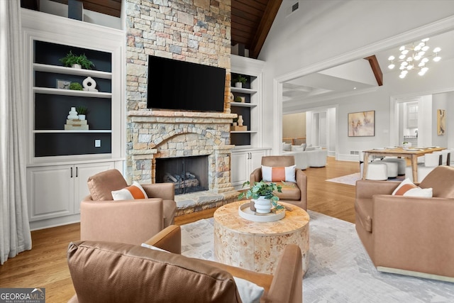 3057 Watsons Bnd, Milton, GA 30004 - living room featuring built in shelves, wood finished floors, a fireplace, wood ceiling, and high vaulted ceiling
