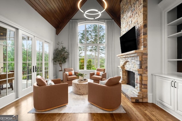 3057 Watsons Bnd, Milton, GA 30004 - living area featuring wooden ceiling, a fireplace, lofted ceiling, wood finished floors, and healthy amount of natural light