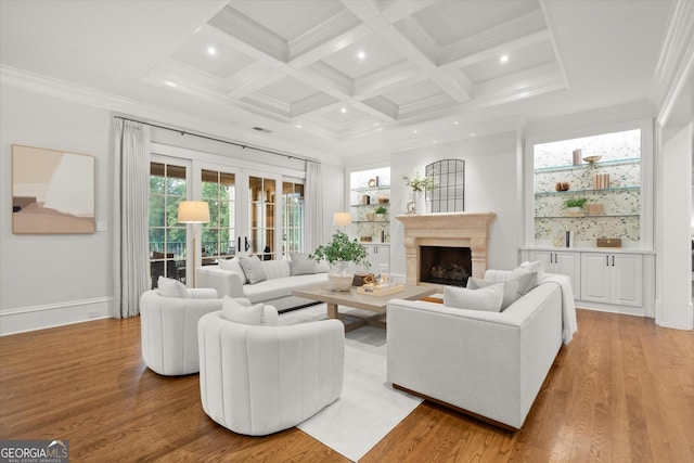 3057 Watsons Bnd, Milton, GA 30004 - living room featuring light wood-style floors, a fireplace, recessed lighting, beamed ceiling, and coffered ceiling