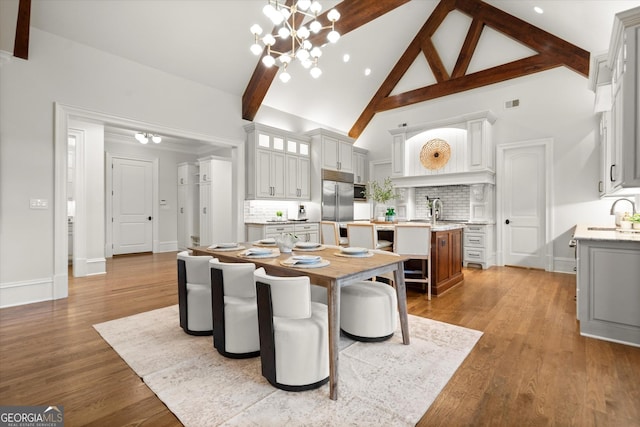 3057 Watsons Bnd, Milton, GA 30004 - dining area with a chandelier, high vaulted ceiling, beamed ceiling, and wood finished floors