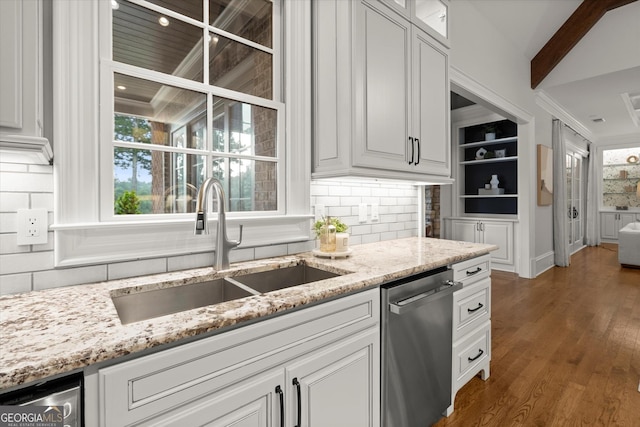 3057 Watsons Bnd, Milton, GA 30004 - kitchen with dishwasher, backsplash, white cabinets, light stone counters, and wood finished floors