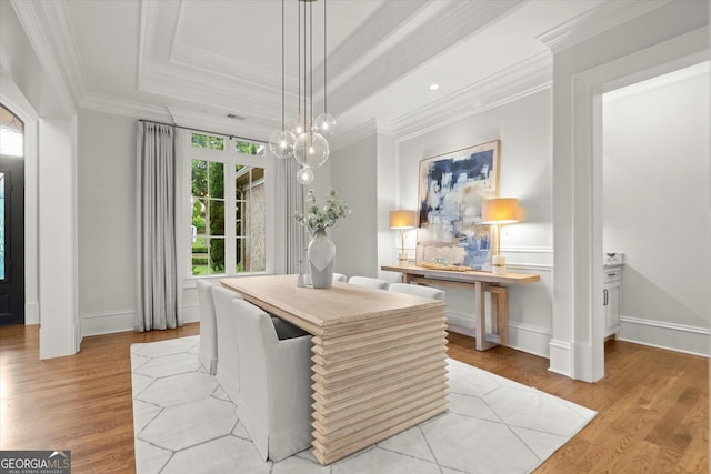 3057 Watsons Bnd, Milton, GA 30004 - dining space featuring a raised ceiling, light wood-style flooring, crown molding, and recessed lighting