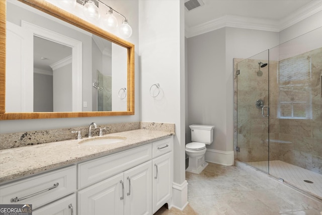 3057 Watsons Bnd, Milton, GA 30004 - bathroom featuring ornamental molding, a stall shower, vanity, and tile patterned flooring