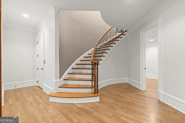 3057 Watsons Bnd, Milton, GA 30004 - staircase with wood finished floors, crown molding, and recessed lighting