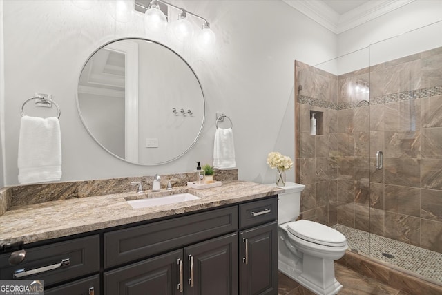 3057 Watsons Bnd, Milton, GA 30004 - bathroom with ornamental molding, vanity, and a stall shower