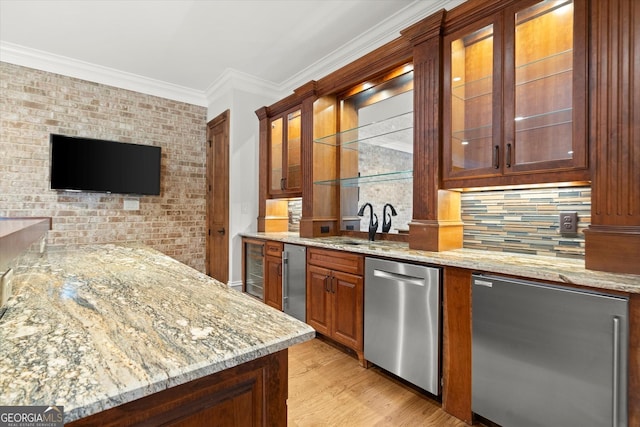 3057 Watsons Bnd, Milton, GA 30004 - bar with stainless steel dishwasher, refrigerator, light wood-style floors, tasteful backsplash, and crown molding