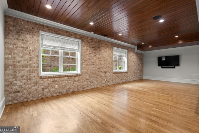 3057 Watsons Bnd, Milton, GA 30004 - empty room featuring brick wall, crown molding, wood finished floors, wood ceiling, and recessed lighting