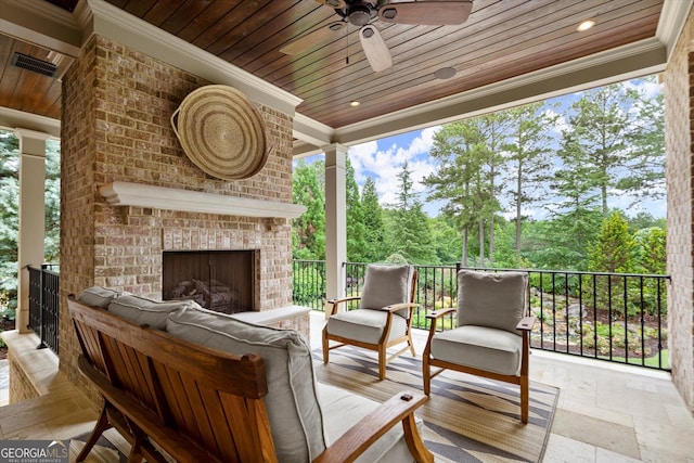 3057 Watsons Bnd, Milton, GA 30004 - wooden deck featuring a ceiling fan and an outdoor living space with a fireplace