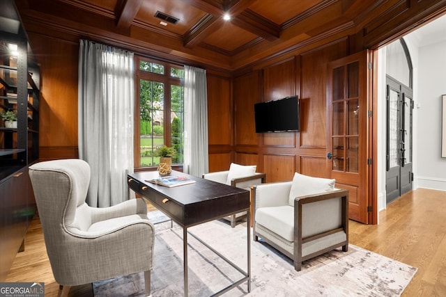 3057 Watsons Bnd, Milton, GA 30004 - office featuring crown molding, a wood ceiling with exposed beams, coffered ceiling, light wood-style floors, and wood walls
