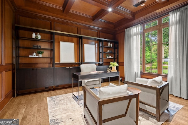 3057 Watsons Bnd, Milton, GA 30004 - home office with a wooden ceiling with exposed beams, coffered ceiling, light wood-style flooring, wooden walls, and crown molding