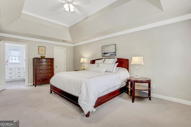 2535 Winthrope Way, Lawrenceville, GA 30044 - bedroom featuring a raised ceiling, carpet floors, baseboards, ornamental molding, and ceiling fan
