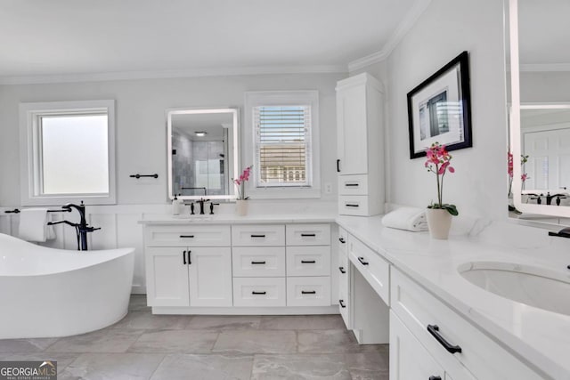 2535 Winthrope Way, Lawrenceville, GA 30044 - full bathroom with crown molding, double vanity, a stall shower, a freestanding tub, and marble look tiles