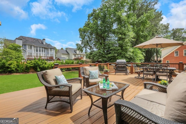 2535 Winthrope Way, Lawrenceville, GA 30044 - wooden terrace with outdoor dining area, outdoor lounge area, area for grilling, a residential view, and a lawn