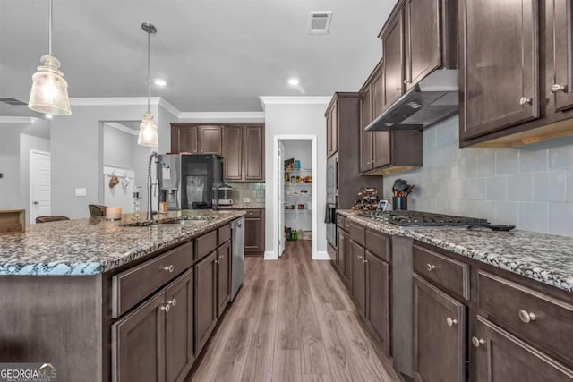 51 Waterfowl Ct, Jefferson, GA 30549 - kitchen featuring appliances with stainless steel finishes, light wood-style flooring, dark stone countertops, dark brown cabinets, and tasteful backsplash
