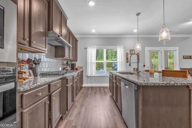 51 Waterfowl Ct, Jefferson, GA 30549 - kitchen with stainless steel appliances, under cabinet range hood, healthy amount of natural light, light wood-style floors, and crown molding