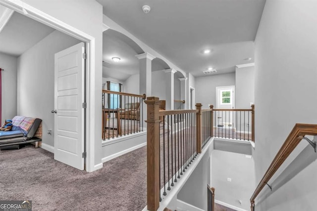 51 Waterfowl Ct, Jefferson, GA 30549 - corridor featuring an upstairs landing, carpet, and arched walkways