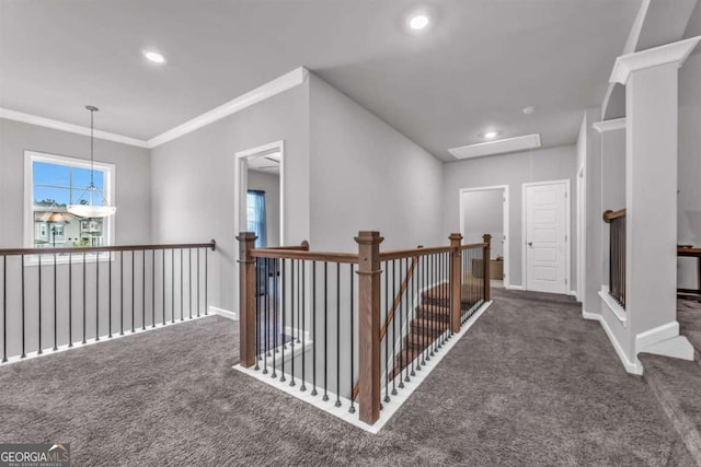 51 Waterfowl Ct, Jefferson, GA 30549 - corridor with attic access, carpet flooring, an upstairs landing, recessed lighting, and ornamental molding