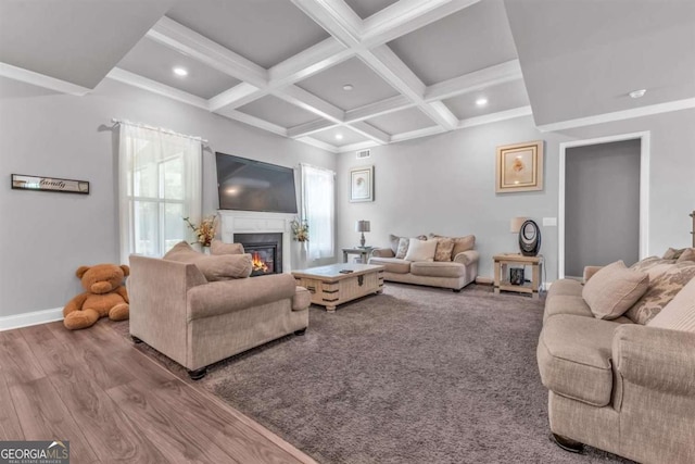 51 Waterfowl Ct, Jefferson, GA 30549 - living area featuring plenty of natural light, beamed ceiling, a glass covered fireplace, wood finished floors, and coffered ceiling