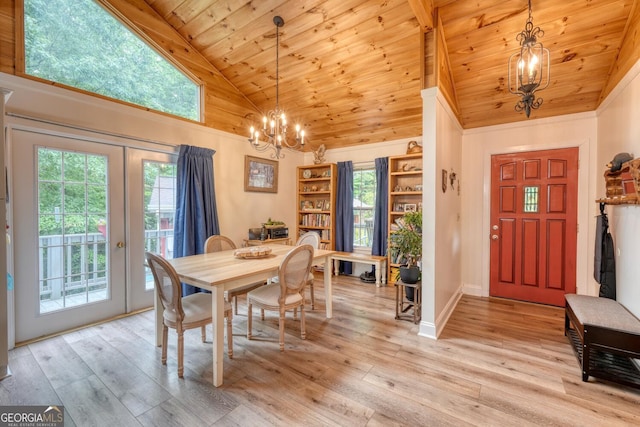 311 Lonesome Pine Trl, Blairsville, GA 30512 - dining area with a chandelier, wood ceiling, light wood-style flooring, french doors, and high vaulted ceiling