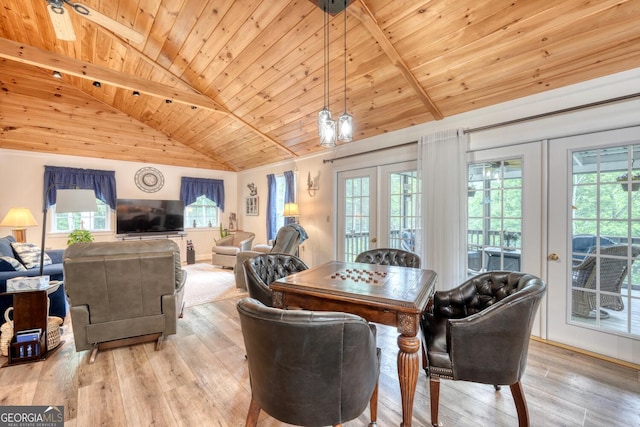 311 Lonesome Pine Trl, Blairsville, GA 30512 - dining room with wood ceiling, french doors, light wood-type flooring, and plenty of natural light